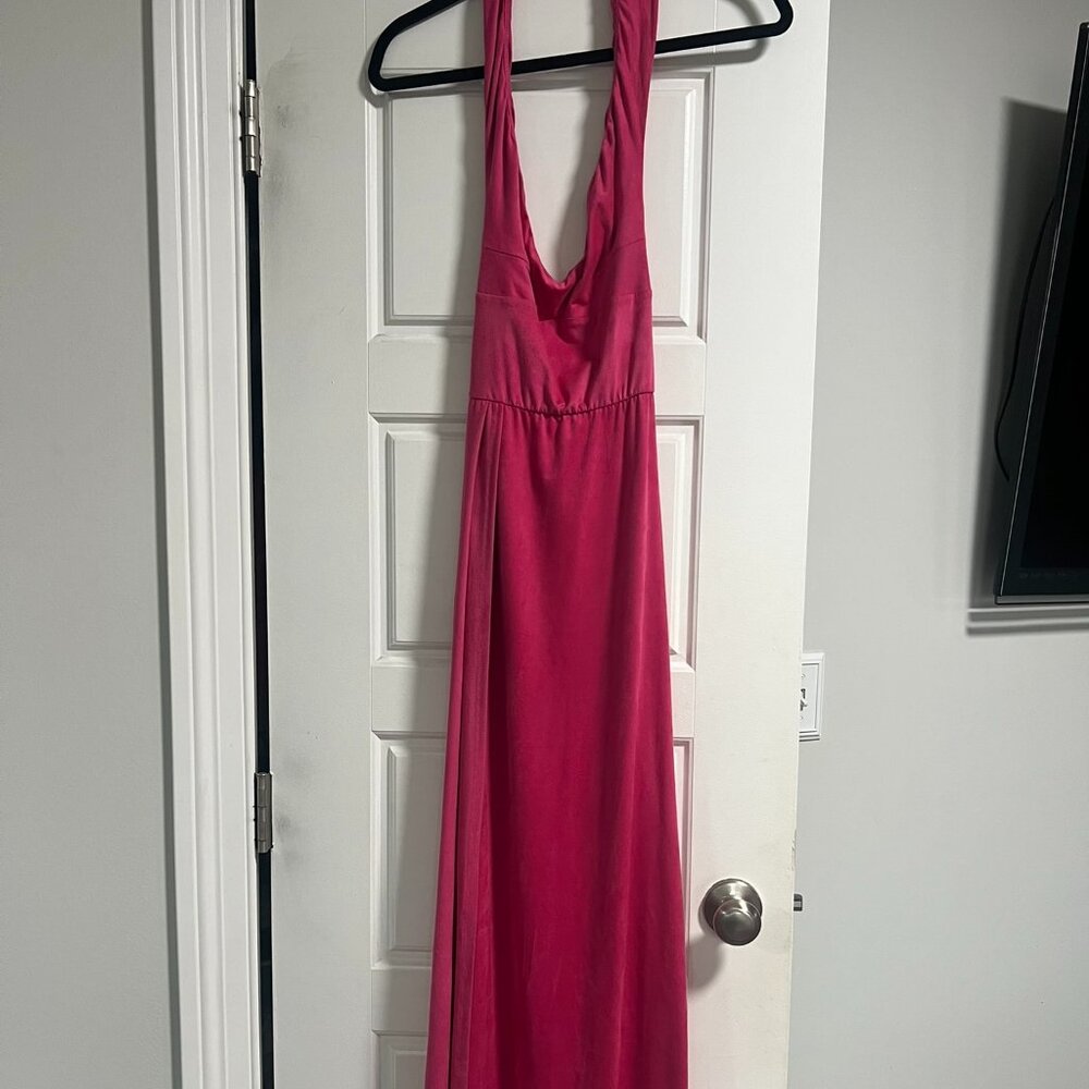 Lucy in the Sky Hot Pink Halter Maxi Gown | Open Tie Back | High Slit | Size S